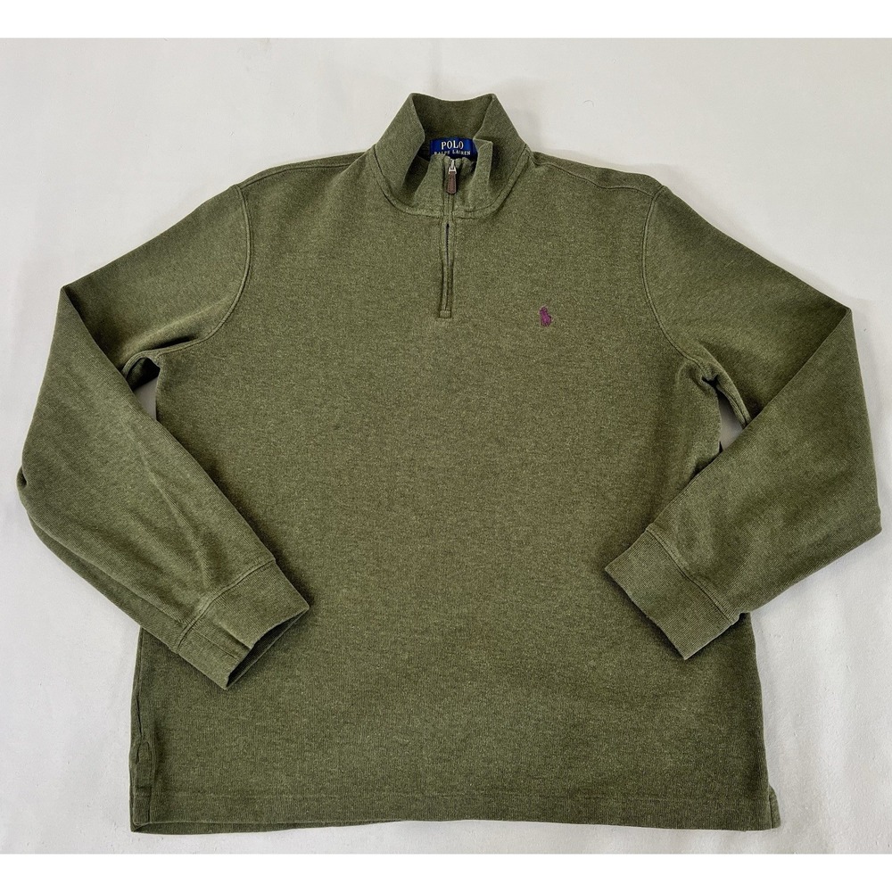 Polo Ralph Lauren Sweater 1/4 Zip Pullover Ribbed Knit Cotton Mockneck L Green